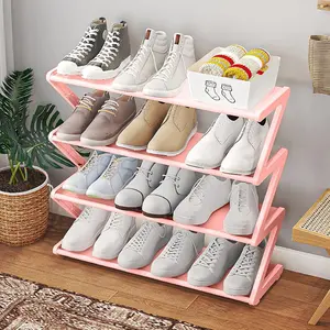 1pc 4-Tier Large Size Z-Shaped Shoe Rack, Easy Assembly No Tools Required, Pink Plastic Stackable Storage Organizer for Home, Dorm, and Living Room, Space-Saving Floor Design, Shoe Storage Organizer
