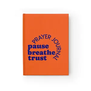 Orange, lined Prayer Journal With Pause. Breathe. Trust. theme | Scan QR code for daily Bible verse