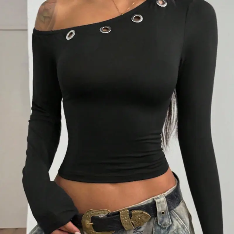 Women's Fashion Asymmetrical Neck off Shoulder Pullover Fitted Long Sleeve T-Shirt, Womenswear, Trendy Eyelet Design, Chic Casual Fit, Comfortable Casual Everyday Spring & Fall Top, Single Wear or Layered Look, Apparel, Lady, Fashion Trendy Clothes