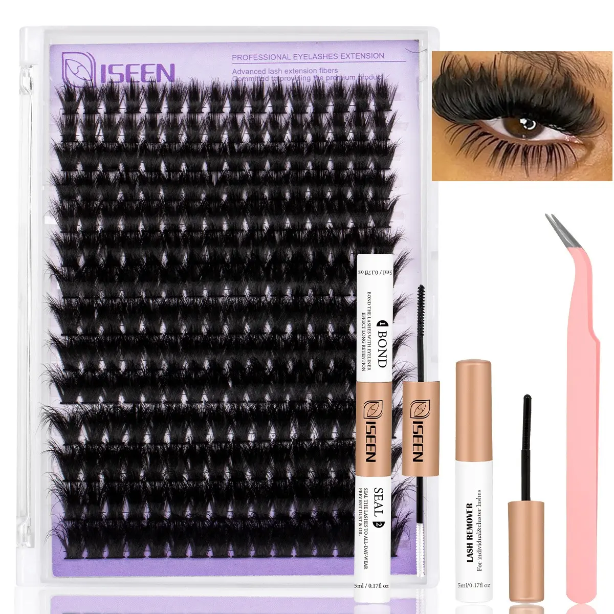 Mixed Length Lash Clusters Kit, Volume Lash Clusters, Lash Clusters with Spikes, Volumized False Eyelashes, Eyelash Set, Thin Band Individual Lashes Kit with Bond & Seal & Glue Remover & Tweezer DIY at Home, Eyelash Extensions
