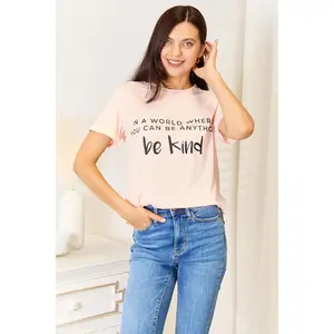 Simply Love Slogan Graphic Cuffed T-Shirt for Women - Short Sleeve Crew Neck Fitted Casual Top in Stretchy Polyester Spandex Blend