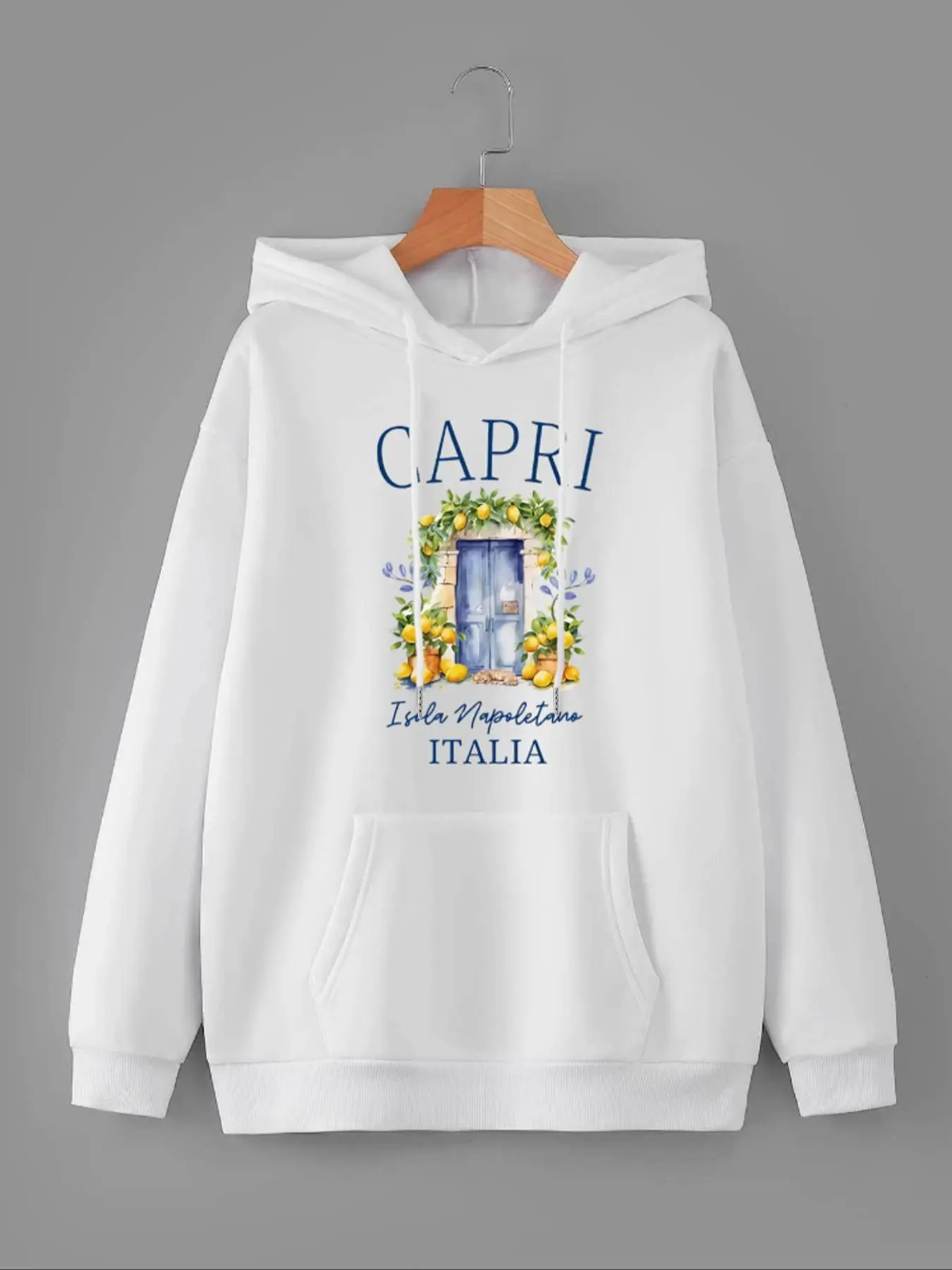 【Plus Size】 Lemon Print Capri Hoodie, Casual Long Sleeve Hooded Sweatshirt for Fall & Winter, Women's Clothing for Daily Wear