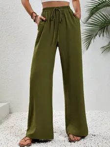 Wide Leg Women Pants with Pockets, Elastic High Waist Drawstring Casual Long Pants, Comfortable and Stylish Bottoms for Everyday Wear
