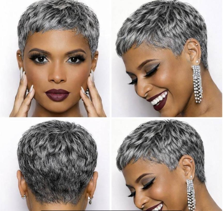 Short Grey Wigs for Black Women 100% Human Hair Wig, Silver Grey Pixie Cut Human Hair Wig Glueless Machine Made Salt and Pepper Short Cut Wig, Lightweight Wear and Go Layered Wigs for Daily Wear