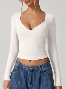 Women's Plain Sweetheart Neck Long Sleeve Tee, Minimalist Casual T-Shirt for Daily Wear, Ladies Clothes for All Seasons