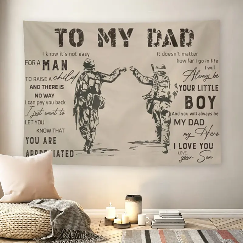 To My Dad Military Father Son Wall Flag, Veteran Appreciation Quote Tapestry, Mid-century Modern Patriotic Room Decor for Adult Fans, Soldier Handprint Father's Day Wall Hangingmusic comics wall flags custom tapestries