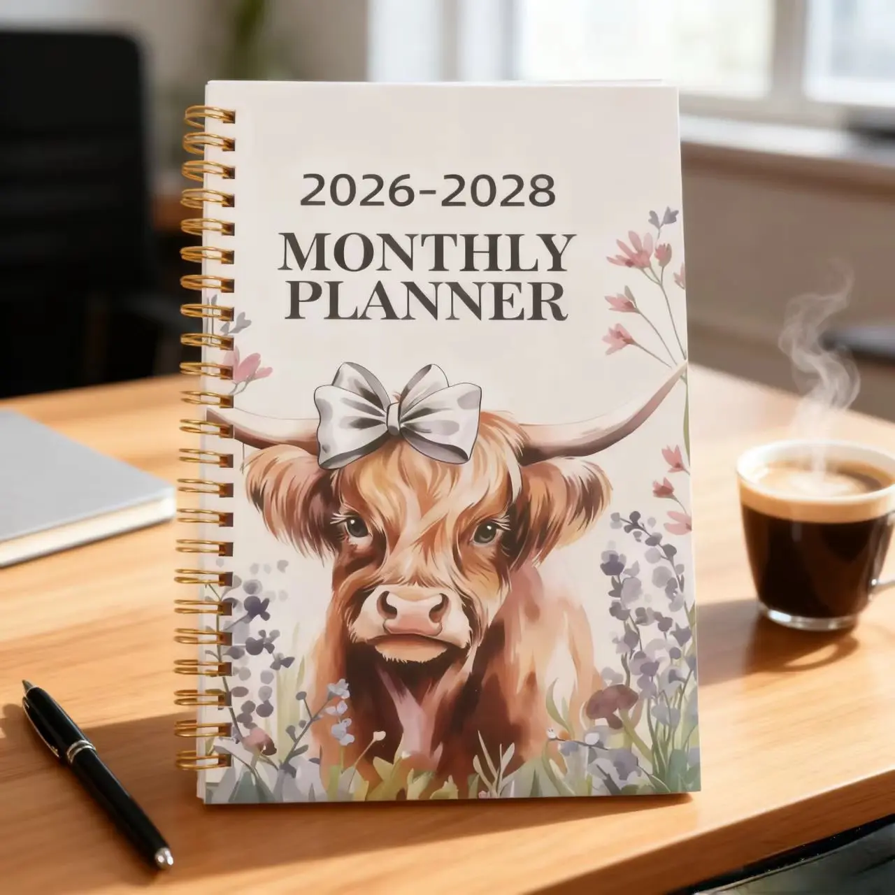 2026-2028 Three-Year Monthly Planner Notebook, Calendars Planners, High-Quality Cow Bow Floral Spiral Bound, Office Study Schedule Book, Perfect Gift for Cow Lovers