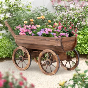 【Summervibes】Wooden Wheelbarrow Planter Cart, Natural Wood Rustic Charm, Stylish Garden Decor Flower Pot with Wheels, Perfect for Outdoor Yard, Backyard & Farmhouse, Durable Carbonized Wood Plant Box for Your Garden