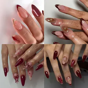 96pcs Long Almond Shape Cute 3D Bow Gel Nails, Star Nail Design, Wine French Tips, Perfect Fit False Nails Set, Nail Art Kits for Women