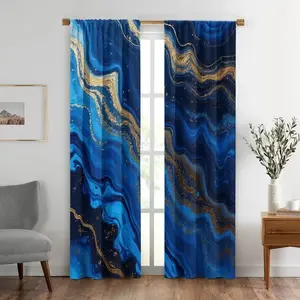 Abstract Vortex Blue Gold Marble Curtains, Polyester Semi-Transparent, Bedroom Living Room Home Decor, 2 Pieces