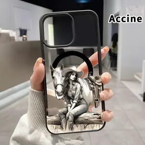 Magnetic  Case for iPhone 15 Pro 16 16e 14 Plus 13 12 Mini 11 Promax X XS Max XR XSMax Cowgirl and Horse Reverie Hard Acrylic Back Soft TPU Edge Four Corners Bumper Shockproof Cover Shell Gift for Boy