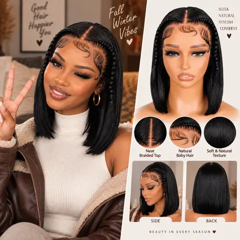 SuperNova 13x4 Braided Lace Front Wig, 100% Human Hair, Pre-Plucked, Glueless, Straight Bob with Baby Hair & Adjustable Straps, 10-12 Inch #Halloween #TikTokShopStockUp #DealsForYouDays
