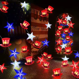 Solar 80LED light string, red, white and blue stars, red hat copper wire lights, suitable for Independence Day, courtyard, garden, lawn, open-air party decoration.