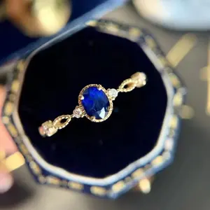 Blue oval vintage style RING - Gold - CZs - size 7