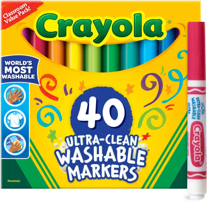 Crayola Ultra Clean Washable Markers (40ct), Teacher School Supplies for Kids, Broad Line Colored Markers, Coloring Book & Art Marker Set, Ages 3+