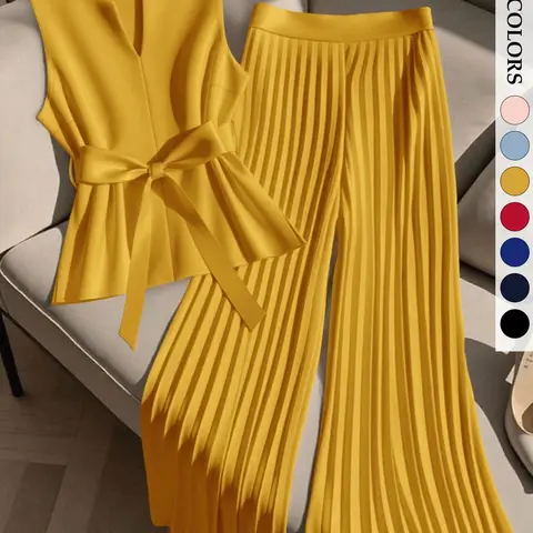 Women's Plus Size Trendy Chic 2 Piece Outfit, Sleeveless Top & Pleated Wide Leg Pants Set, Tie Waist V-Neck Plisse Flowy Elegant Office Workwear, Two Piece Set Women