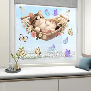 A new creative static glass sticker featuring a kitten, butterfly, and flowers, suitable for window decoration, visible from both sides, model D20546