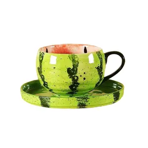 Hand-Painted Ceramic Watermelon Cup Set, High-Quality Tea Cup with Handle, Cute Fruit Theme Coffee Mug, Home Use Juice Glass, Coffee Cup Saucer, Drinking Tea Cup