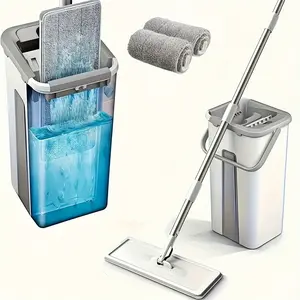 Hands-Free Flat Mop & Bucket Set - Includes 2 Washable Microfiber Pads & Metal Handle for Easy Floor and Wall Cleaning