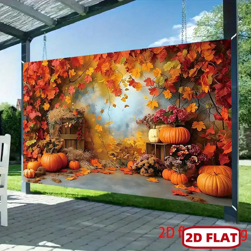 1pc Large 2D Flat Autumn Party Banner - Vibrant Orange, Red, Yellow, Brown Maple Leaves, Pumpkins, Beige Floral Backdrop, Heavy-Duty Thanksgiving Harvest Festival Photo Backdrop