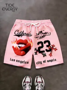 Men's Los Angeles Print Shorts, Angel City 23 Number Flame Lips Graphic Casual Summer Shorts, Lightweight Breathable Beach & Daily Wear, Casual Streetwear Shorts