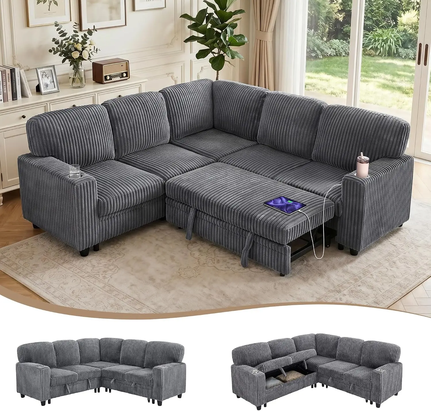 81" L-Shaped Oversized Corduroy Modular Sectional Sleeper Sofa with Pull-Out Bed, Storage Seat, Modern 5-Seater Upholstered Couch Bed with Charging Station, Easy Assembly, for Living Room, Grey