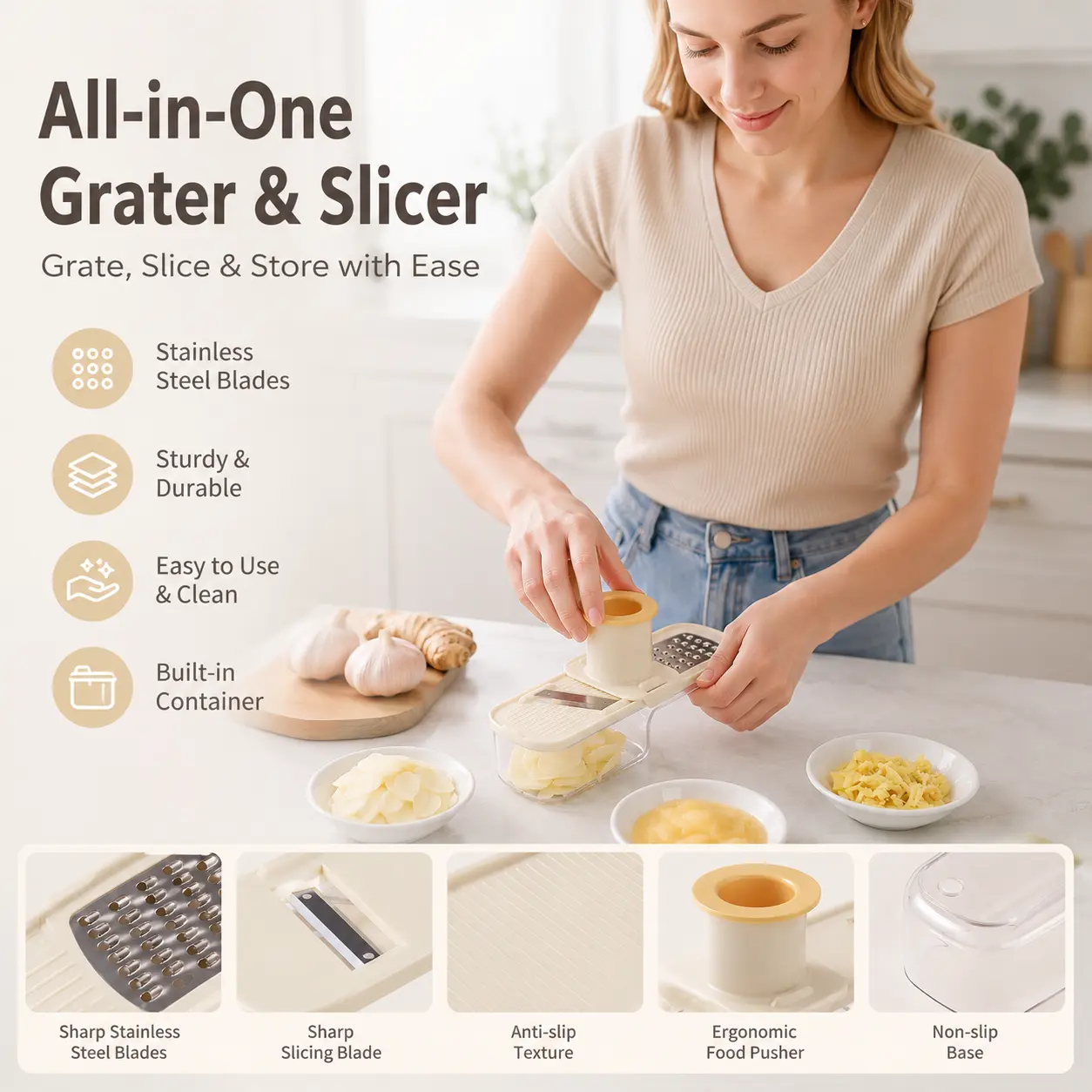 1 Count 3-in-1 Vegetable Grater Slicer, with Sharp Stainless Steel Blades, Ergonomic Pusher and Clear Storage Container for Daily Home Kitchen Food Prep