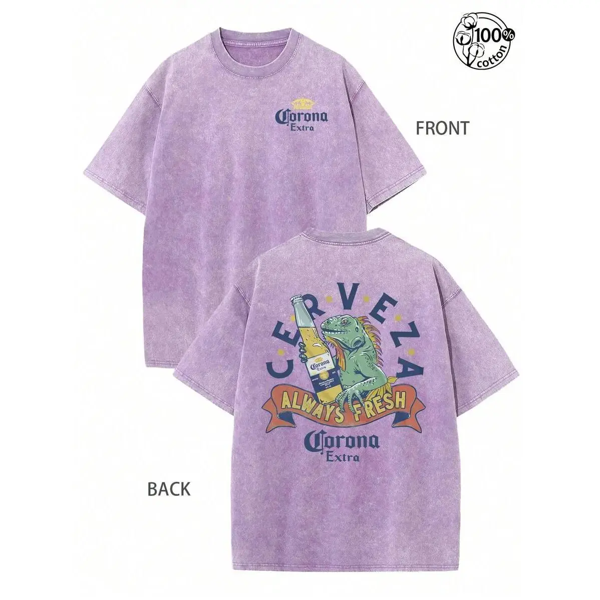 Vintage Washed Lizard Beer Graphic Tee | 230G Heavyweight Cotton 2-Sided T-Shirt | Corona Extra Always Fresh Retro Streetwear Men's Casual Top