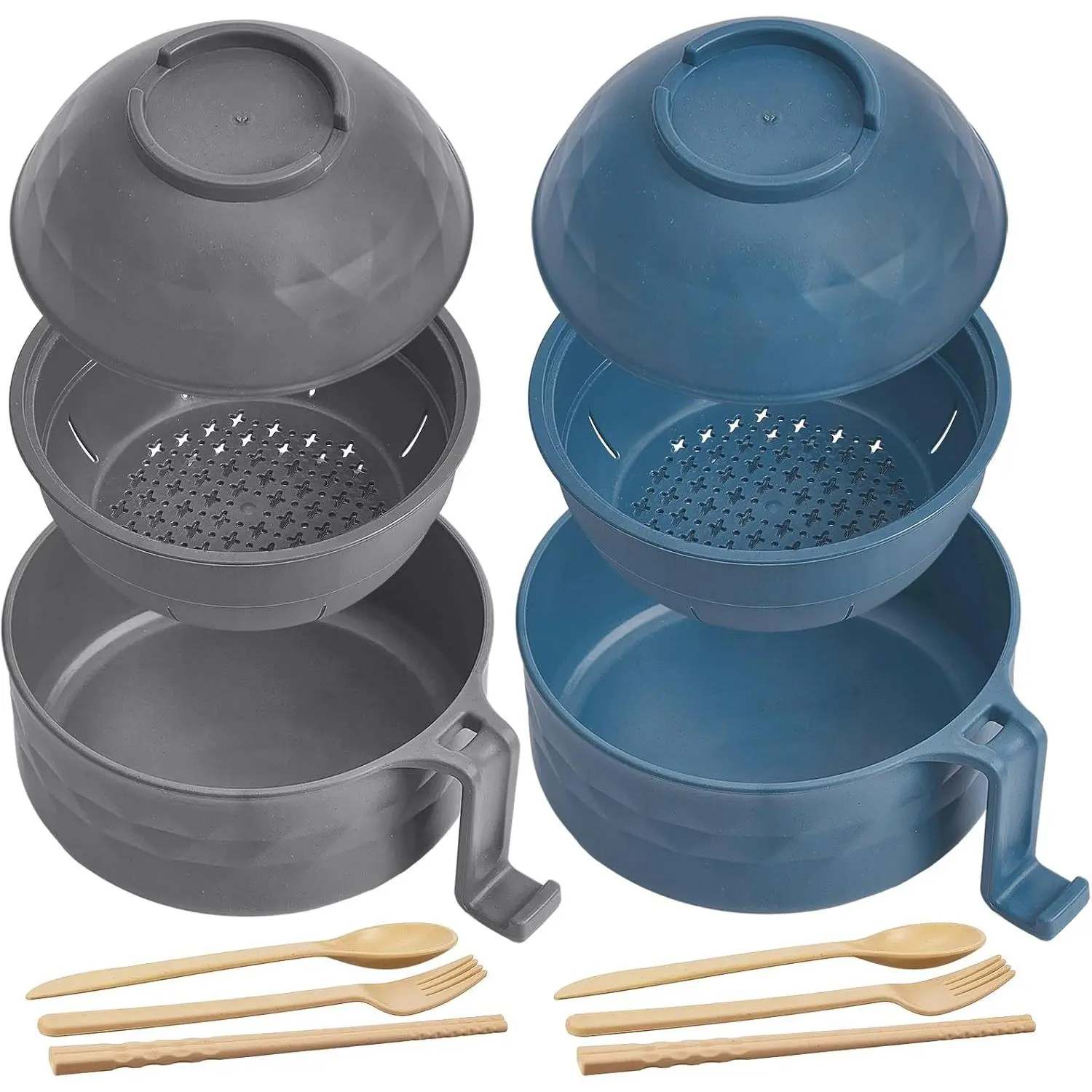 2 Sets Microwave Ramen Bowl 33 oz Wheat Fiber Portable Instant Noodle Cooker Bowl with Handles Strainer Spoon Chopstick Fork College Dorm Room Apartment Essentials(Gray,Dark Blue)