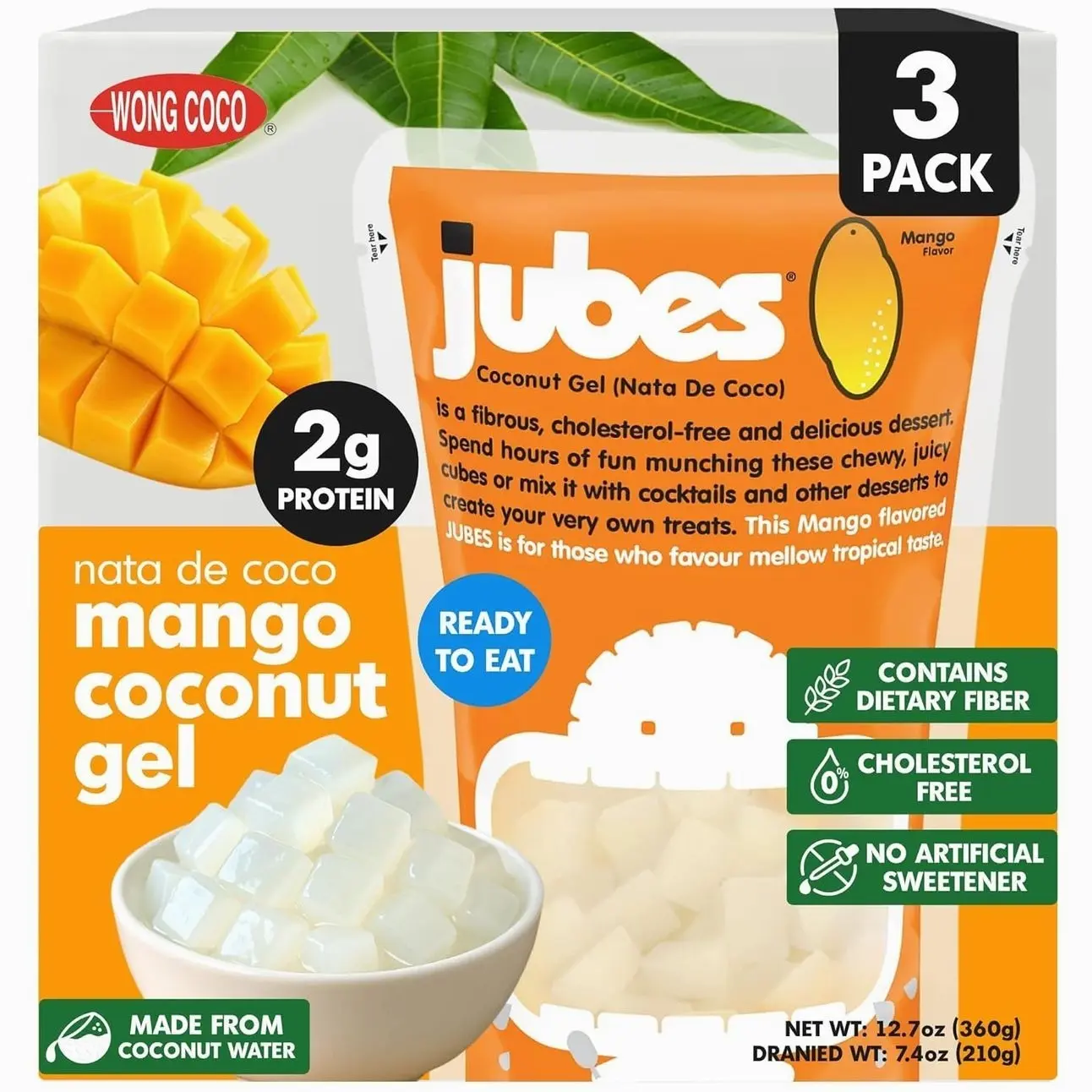 Jubes Mango Nata De Coco Jelly Cubes (12.7 oz, Pack of 3) - Mango Coconut Jelly Cubes for Sago - Coconut Gel in Syrup Toppings for Fruit Tea, Boba, Bubble Tea, Drinks, Desserts Yogurt, Ice Cream, Beverage