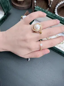 11–12 mm, very large! Natural nucleus freshwater pearl alloy double loop CZ pendant and adjustable ring