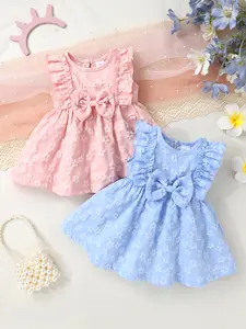 2-piece Set of Soft Comfortable & Cute Baby Girl Floral Jacquard Bow Dress with Ruffled Edges Clean Color Sleeveless Princess Outfit for Toddlers
