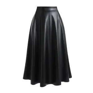 Plus Size Solid Color PU Leather Bell Skirt with Elastic Waist. Perfect for layering in autumn or winter. Autumn Fashion Women's Half Skirt, suitable for fashionable women's parties and daily outings.