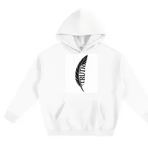 Truth Feather Design White Hoodie with Front Pocket and Hood for Casual Wear