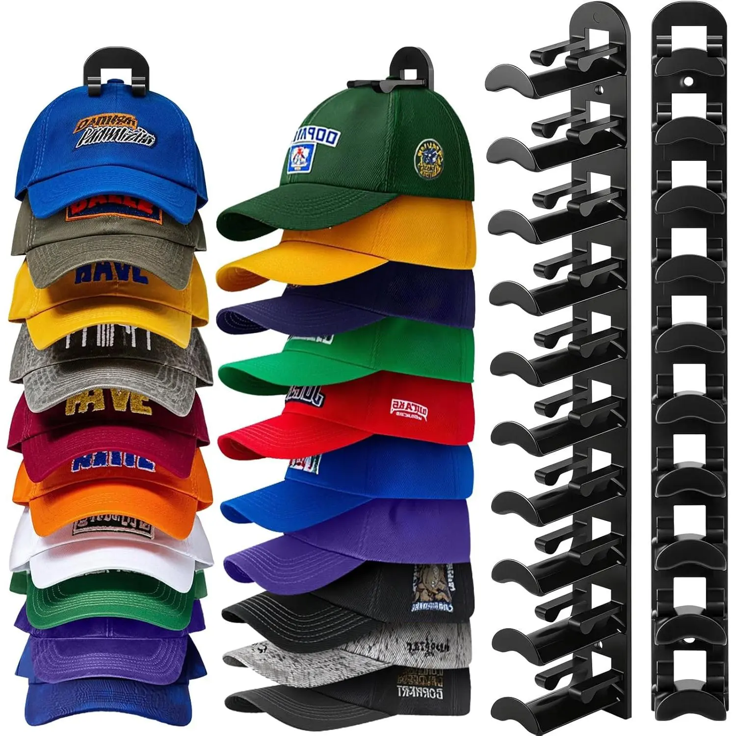 Hat Hook for Wall, 2 Pack Hat Organizer Hold up to 20 Hats,Hat Holder with Strong Adhesive and 8 Pack Screws, Cap Holder Hat Hangers for Wall Closet Door and Bedroom(B-Black) Mounted Rack Wall-Mounted Multilayer
