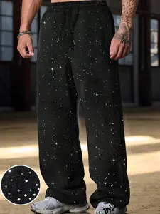 Men's Casual Straight Leg Pants, Starry Silver Color Jogger with Drawstring and Pockets, Simple Street Style, Fall & Winter Wear, Casual Fashion Pants