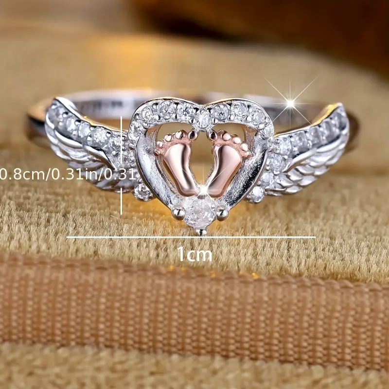 Angel Mom Retro Inspired Heart and Footprint Ring - Silver Plated with Cubic Zirconia, Perfect Mother's Day Gift, Comes with Elegant Box