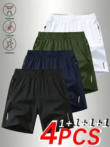 Men’s Summer Casual Athletic Shorts 4-Pack – Elastic waistband with drawstring, side zippered pockets, breathable polyester/spandex blend, suitable for summer, workouts, fitness, and running