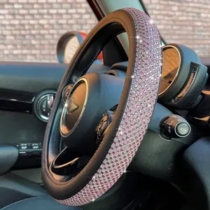 Bling Bling Comfy Steering Wheel Cover with   Rhinestones, Anti-Slip  Leather, Universal 14.5-15 Inch (Pink)