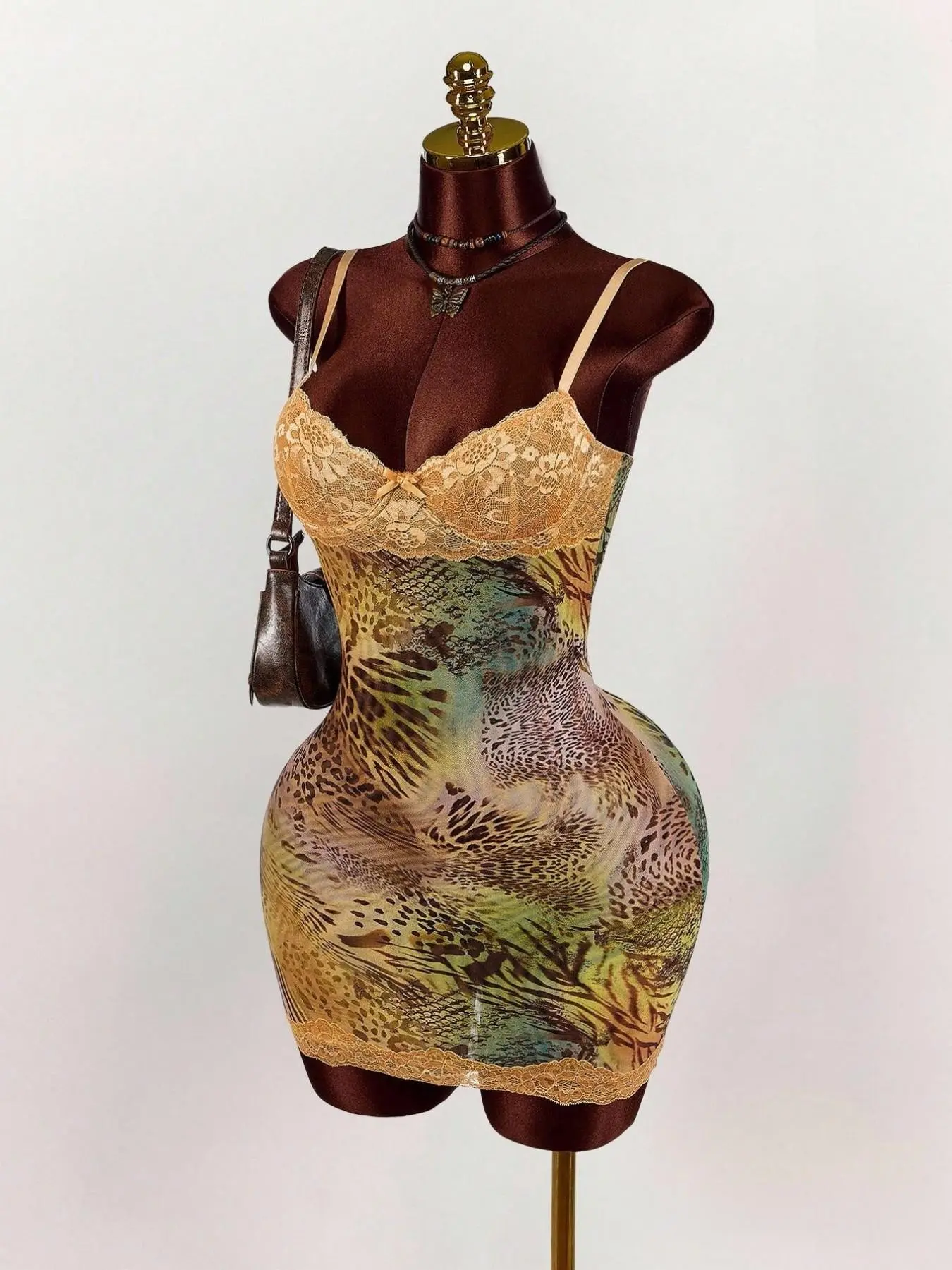 Women's Fashion Comfort Fit Elegant Sexy Lace Patchwork V-Neck Backless Spaghetti Strap Dress, Bodycon Party Dress, Leopard Pattern Sleeveless Casual Party Wear Womenswear