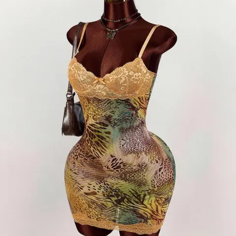 Women's Sexy Lace Patchwork V-Neck Backless Spaghetti Strap Dress, Bodycon Leopard Pattern Sleeveless Party Dress for Casual Events, Club Dresses
