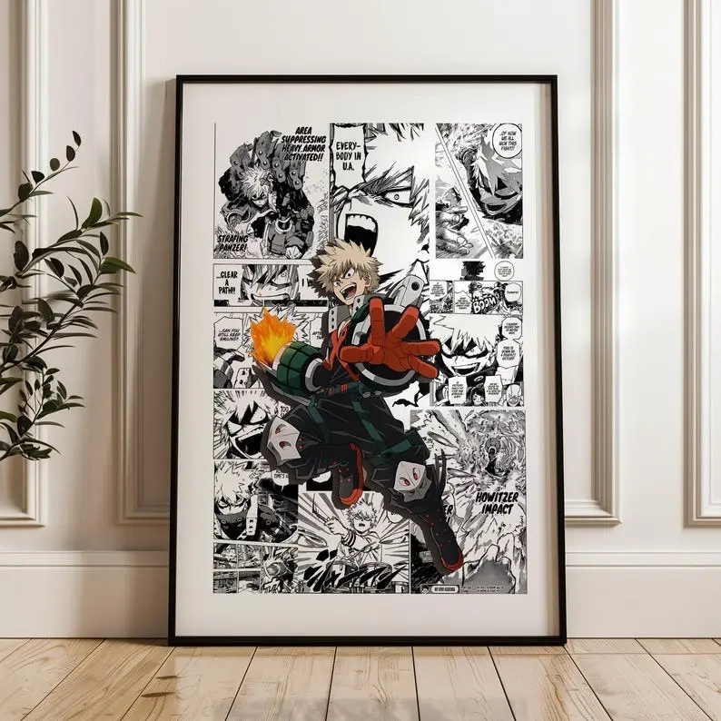 My Hero Academia Poster, Bakugo Explosion Manga Collage, Dynamic Anime Wall Decor, Gift For Anime Fans