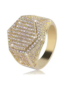 Iced Out Hexagon Ring for Men, 18K Gold Plated Full CZ Diamond Pinky Ring, Hip Hop Bling Geometric Signet Ring, Rapper Jewelry for Party, Gift for Him