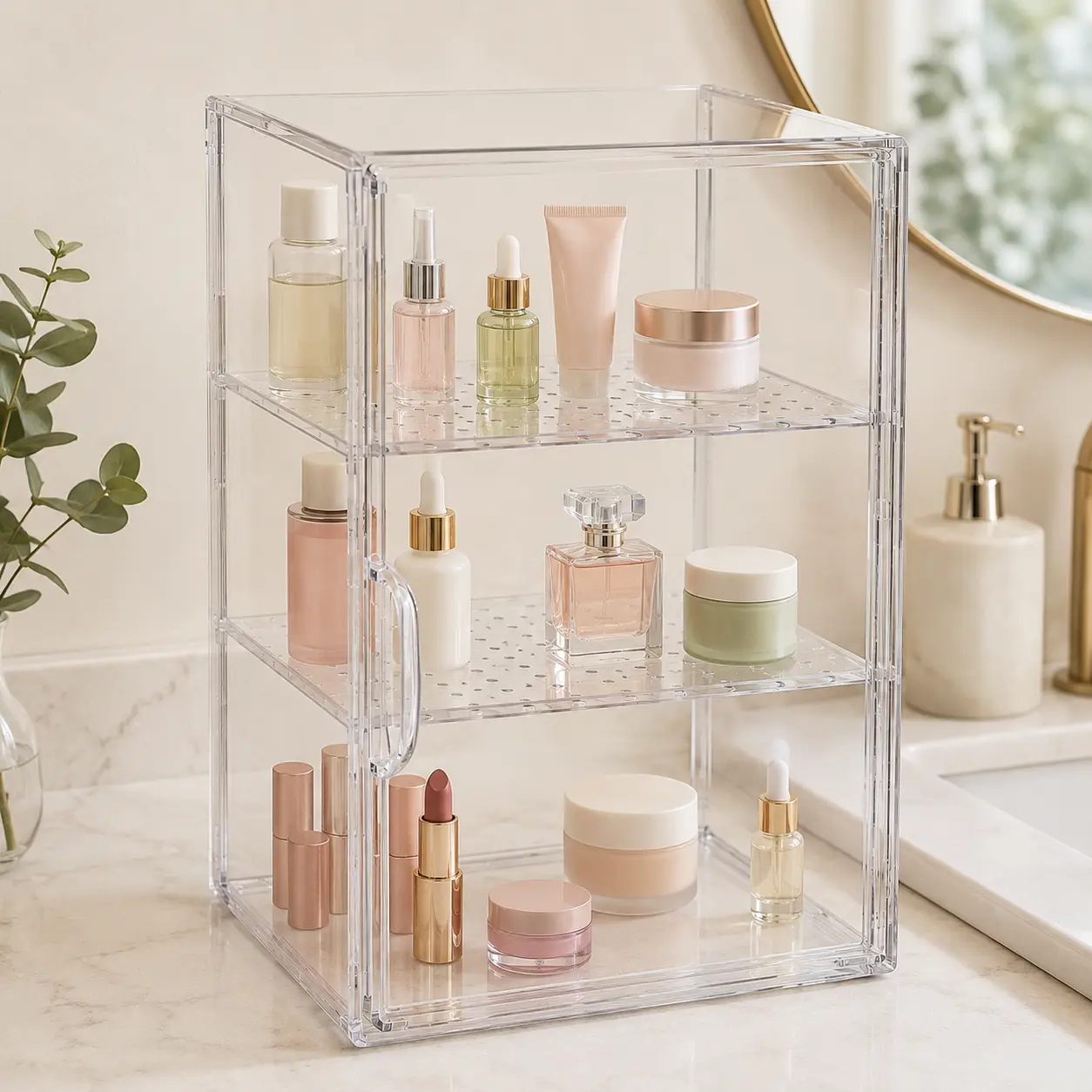 Clear Acrylic 3-Tier Makeup Organizer with Multiple Compartments for Storage and Display of Cosmetics and Beauty Products