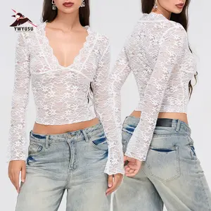 Women's Summer Fashion Crop Tops Long Flared Sleeve Sheer Lace FloralT-shirt