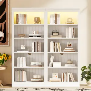 ARCH 83" Tall Wood Bookcase Suite with light strip ,5-Tier Decor Bookcase Suite with Adjustable Shelves,Storage Organizer,Free Standing Storage Shelves Suite for Living Room,Home Office,White