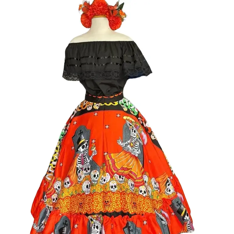 Vibrant Día de los Muertos Mexican Skirt – Handcrafted Folk Art Style 3 piece