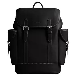 COACH Hitch 31 Drawstring Top-Zip Backpack in Textured Leather for Men, Large Size, Black