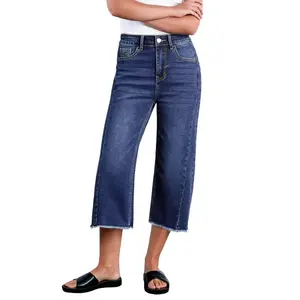 Women's Capri Jeans HighWaisted Wide Leg Stretchy Raw Hem Side SeamZimbaplatinum Denim Pants