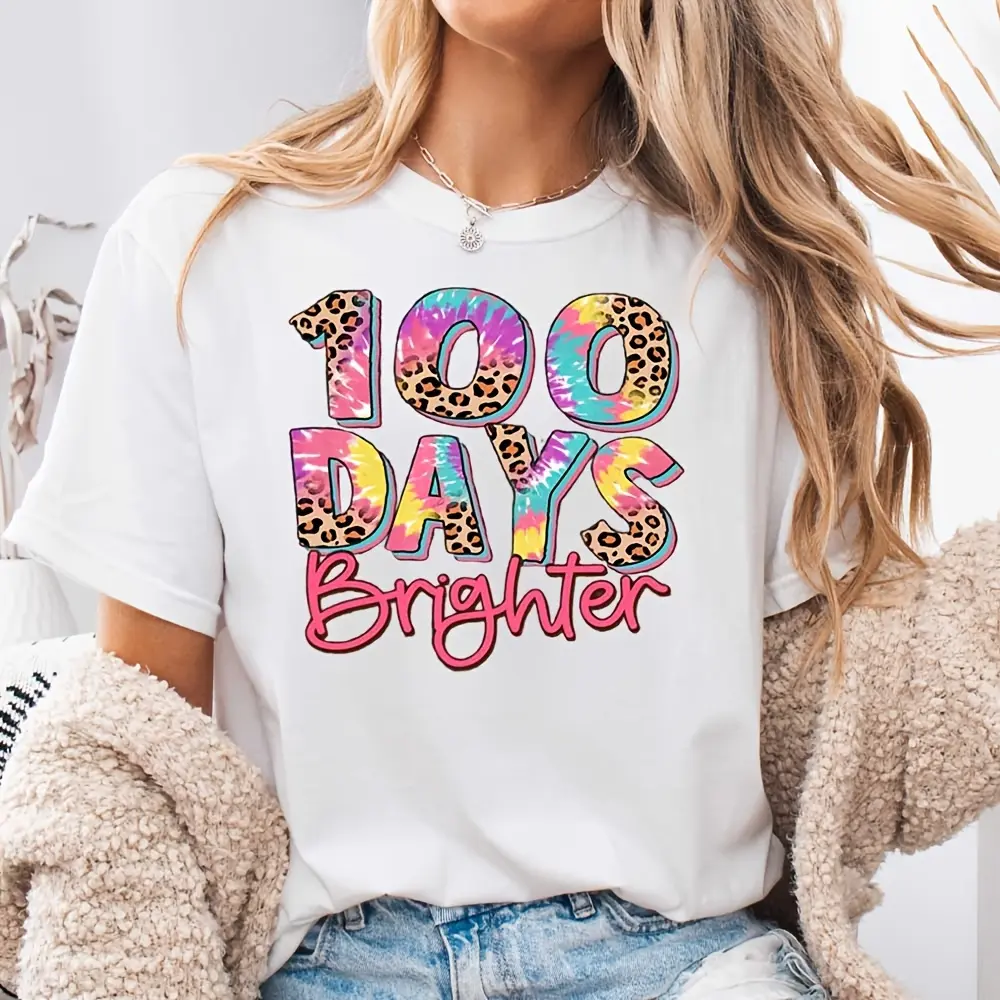 100 Days Brighter Tie Dye Leopard Print Graphic T-Shirt, 100 Days Of School Celebration Gift, Back To School Classroom Party Outfit